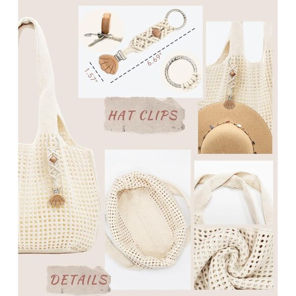 L-beige Crochet Tote Bag Summer Beach Elegant Knit Shoulder Bag with Macrame Hat - Picture 3 of 6